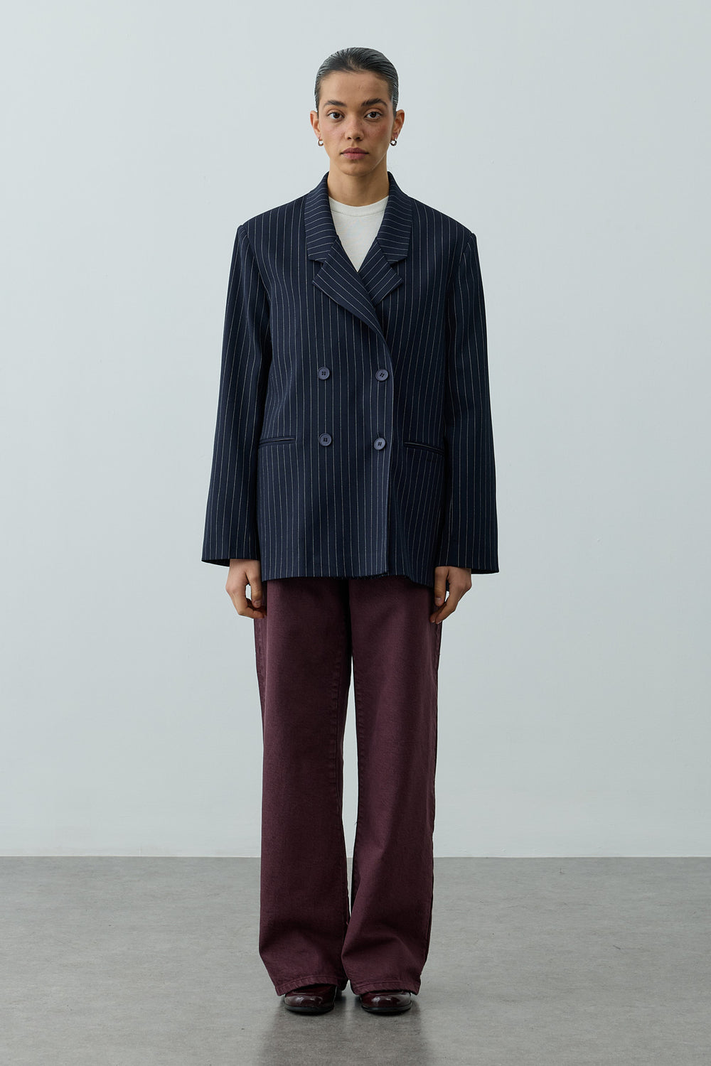 Kruvaze Çizgili Oversize Blazer Ceket Lacivert