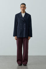 Kruvaze Çizgili Oversize Blazer Ceket Lacivert