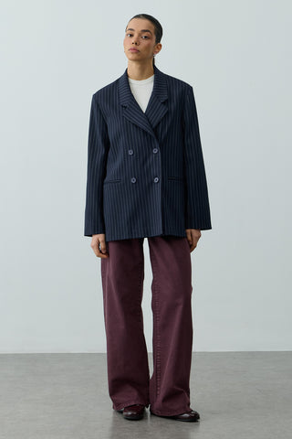 Kruvaze Çizgili Oversize Blazer Ceket Lacivert