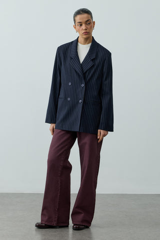 Kruvaze Çizgili Oversize Blazer Ceket Lacivert