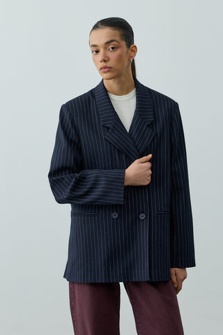 Kruvaze Çizgili Oversize Blazer Ceket Lacivert