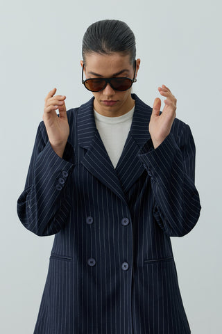 Kruvaze Çizgili Oversize Blazer Ceket Lacivert
