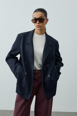Kruvaze Çizgili Oversize Blazer Ceket Lacivert