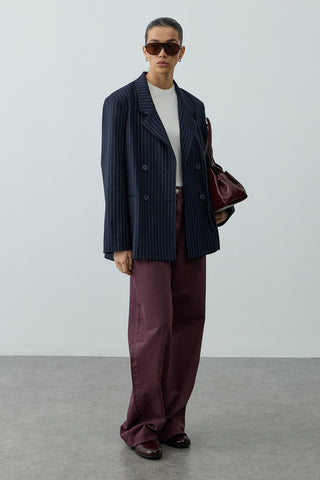 Kruvaze Çizgili Oversize Blazer Ceket Lacivert