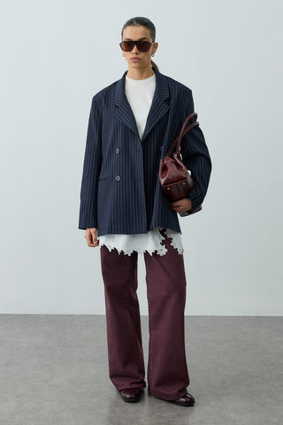 Kruvaze Çizgili Oversize Blazer Ceket Lacivert