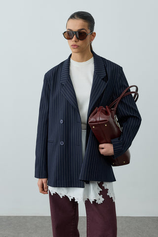 Kruvaze Çizgili Oversize Blazer Ceket Lacivert
