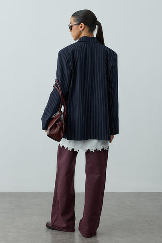 Kruvaze Çizgili Oversize Blazer Ceket Lacivert