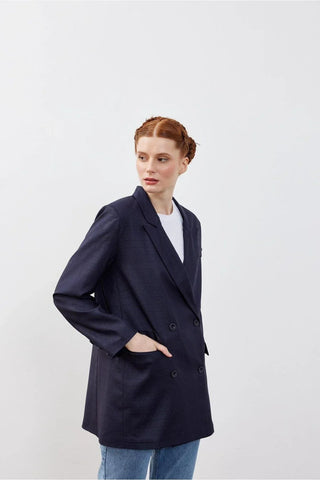 Kruvaze Oversize Blazer Ekose Lacivert Kareli