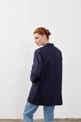 Kruvaze Oversize Blazer Ekose Lacivert Kareli