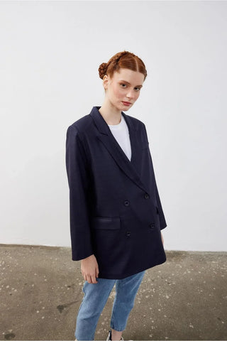 Kruvaze Oversize Blazer Ekose Lacivert Kareli