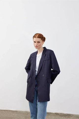 Kruvaze Oversize Blazer Ekose Lacivert Kareli