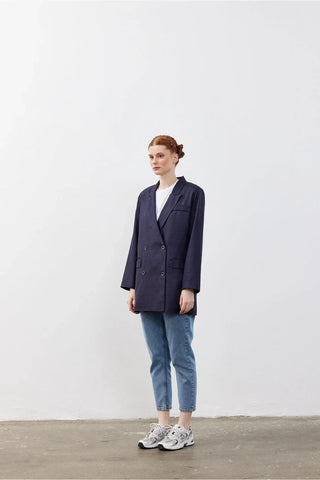 Kruvaze Oversize Blazer Ekose Lacivert Kareli