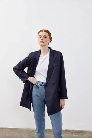 Kruvaze Oversize Blazer Ekose Lacivert Kareli