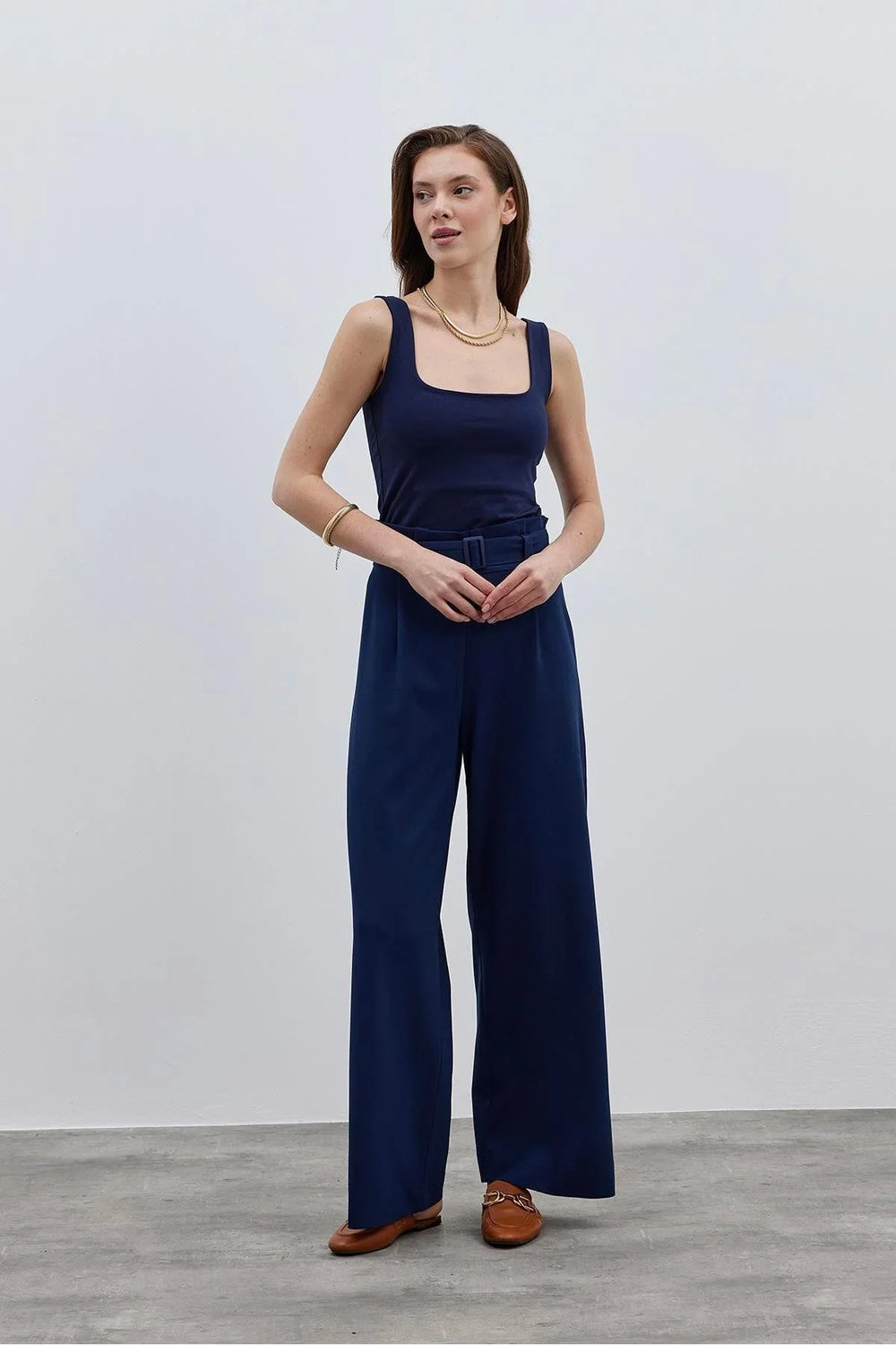 Belted Women's Trousers Navy Blue
