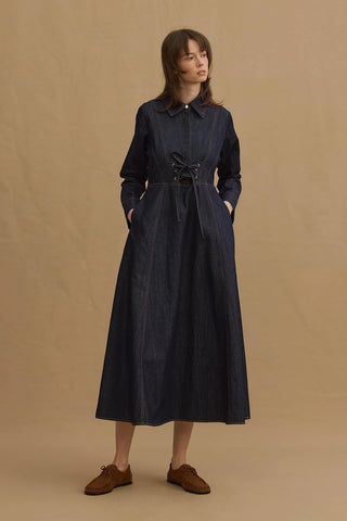 Kuşgözlü Denim Elbise Lacivert - Fahhar Design