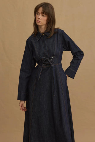 Kuşgözlü Denim Elbise Lacivert - Fahhar Design