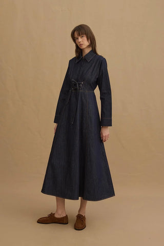 Kuşgözlü Denim Elbise Lacivert - Fahhar Design
