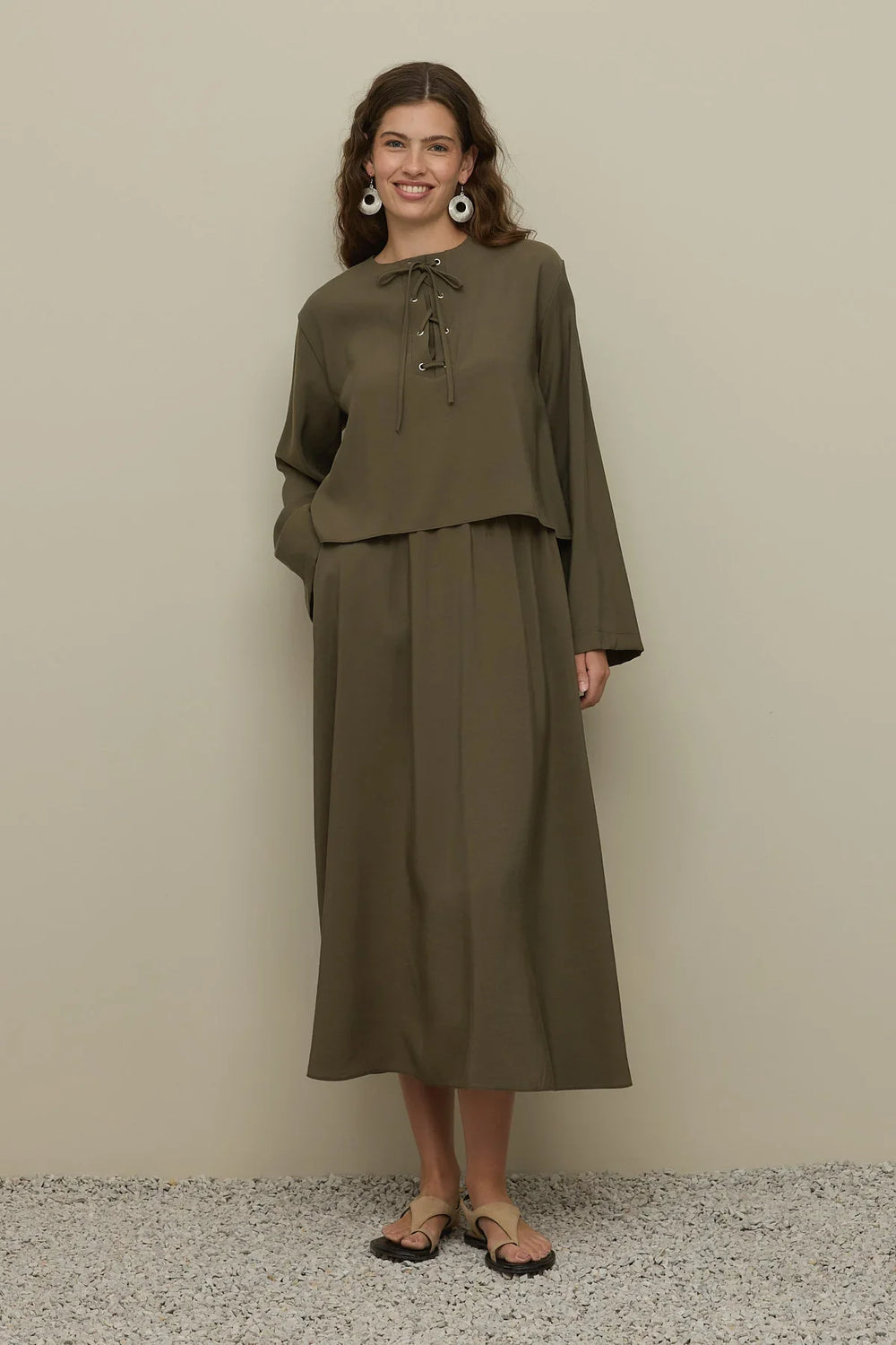 Eyelet Modal Skirt Set Khaki