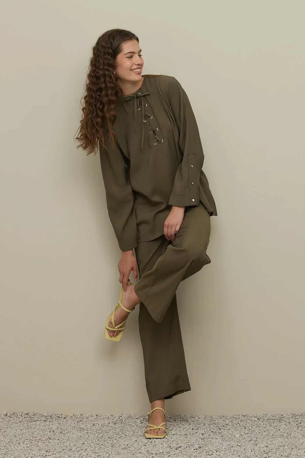 Eyelet Detailed Trouser Suit Khaki