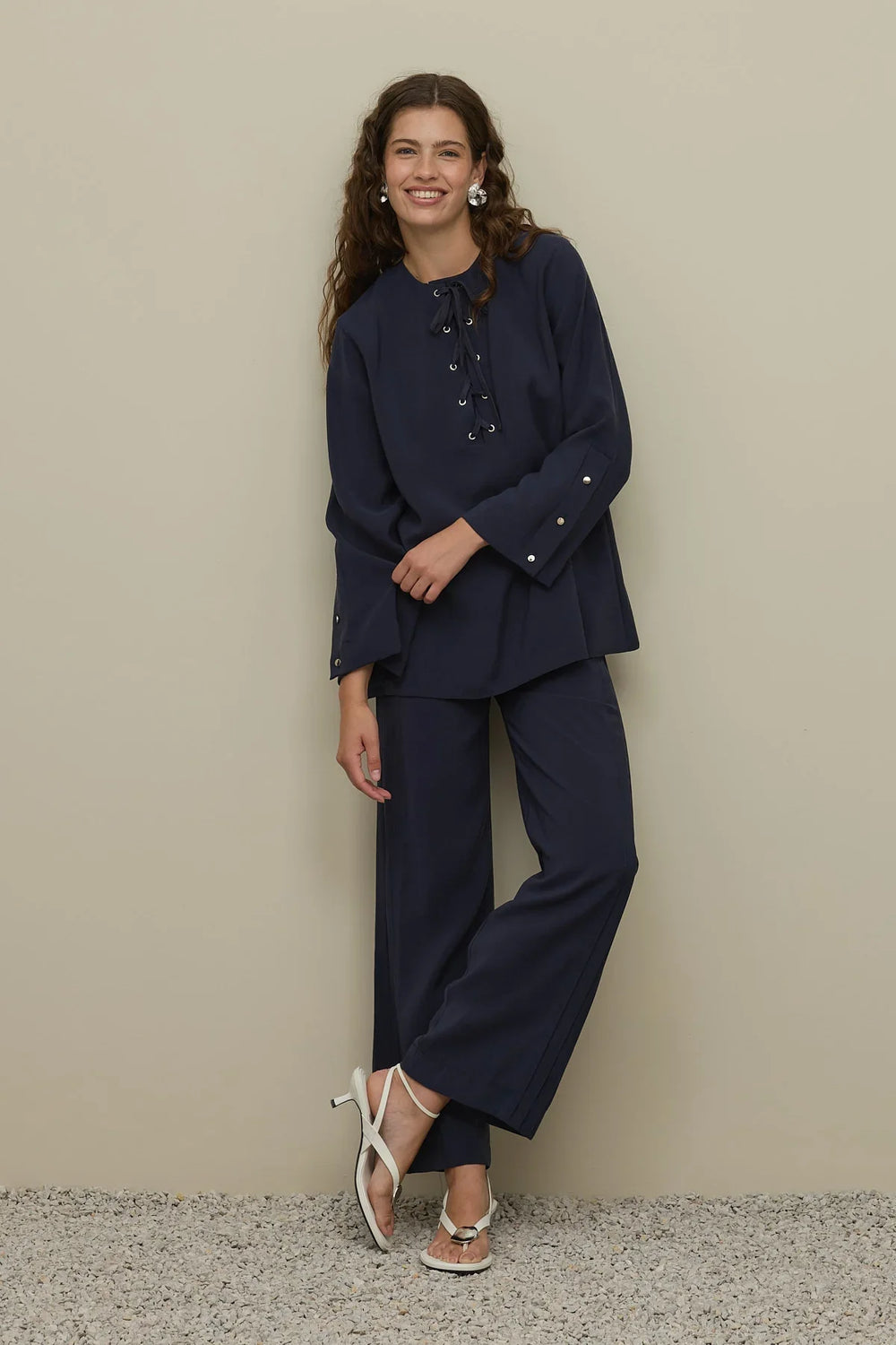 Eyelet Detailed Trouser Suit Navy Blue