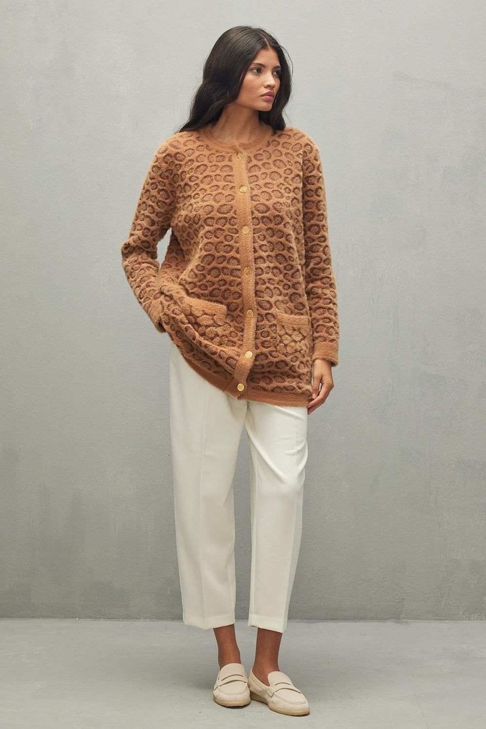 Leopard Pattern Cardigan Camel