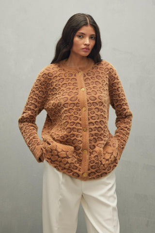 Leopar Desen Hırka Camel - Fahhar Design