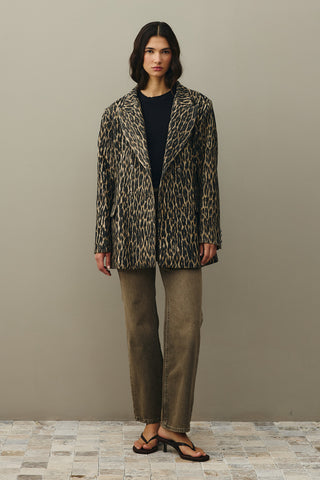 Leopard Pattern Check Blazer Jacket Brown