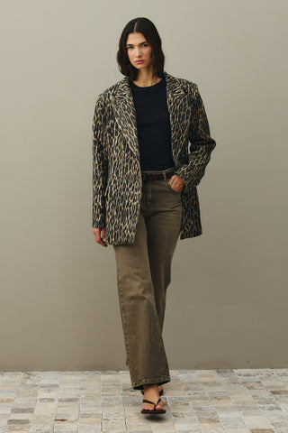 Leopard Pattern Check Blazer Jacket Brown