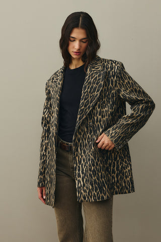 Leopard Pattern Check Blazer Jacket Brown