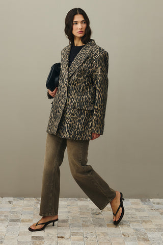Leopard Pattern Check Blazer Jacket Brown