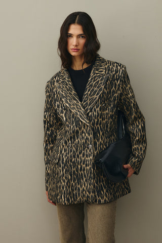 Leopard Pattern Check Blazer Jacket Brown