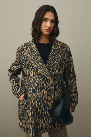 Leopard Pattern Check Blazer Jacket Brown