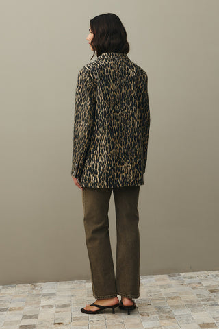 Leopard Pattern Check Blazer Jacket Brown