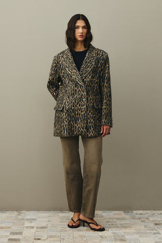 Leopard Pattern Check Blazer Jacket Brown
