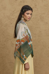 Lotus Çiçeği Desen Eşarp Şal Yeşil