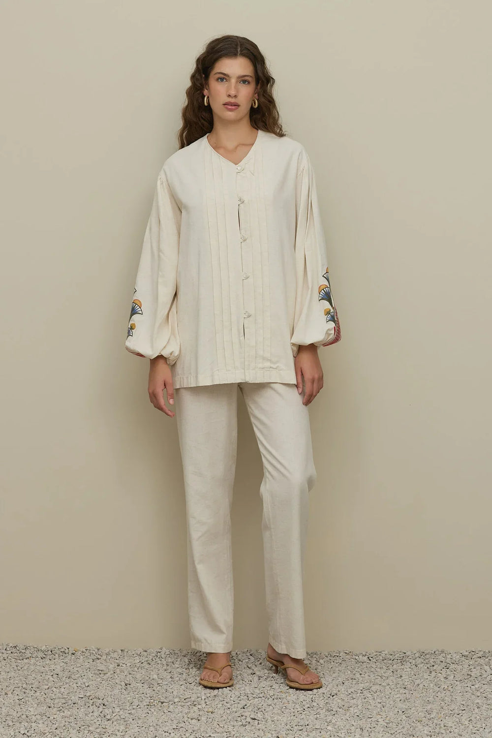 Lotus Embroidered Ribbed Shirt Natural