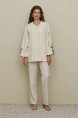 Lotus Nakışlı Nervürlü Gömlek Naturel