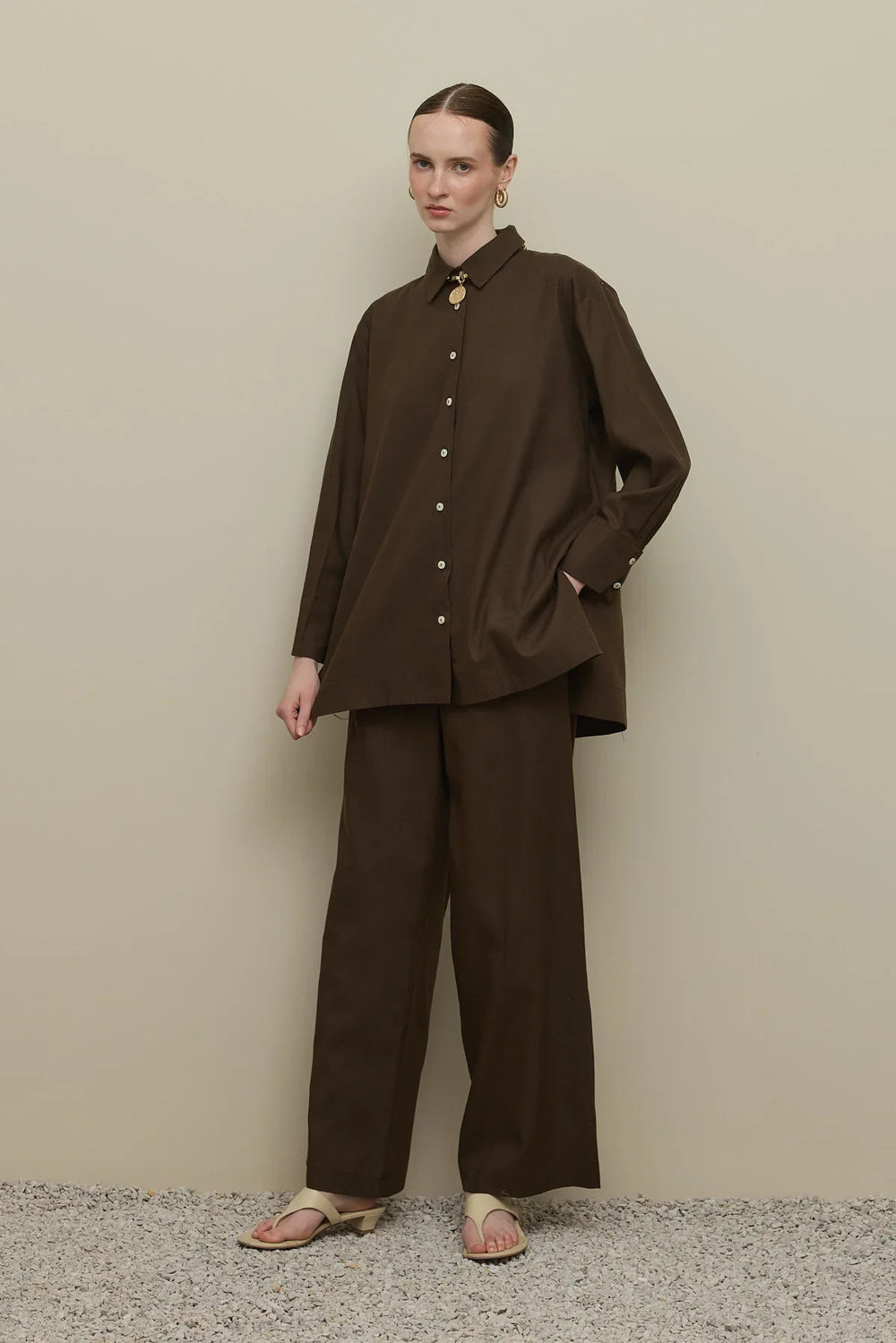 Lyocell Linen Shirt Set Brown