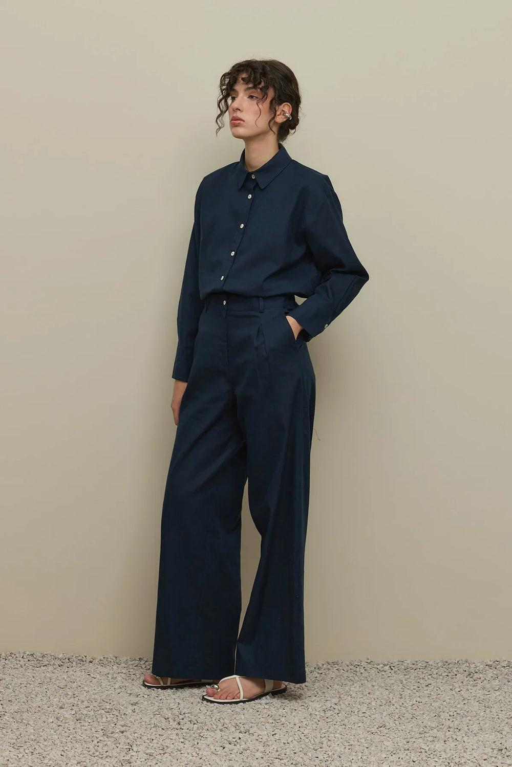 Lyocell Linen Shirt Set Navy Blue