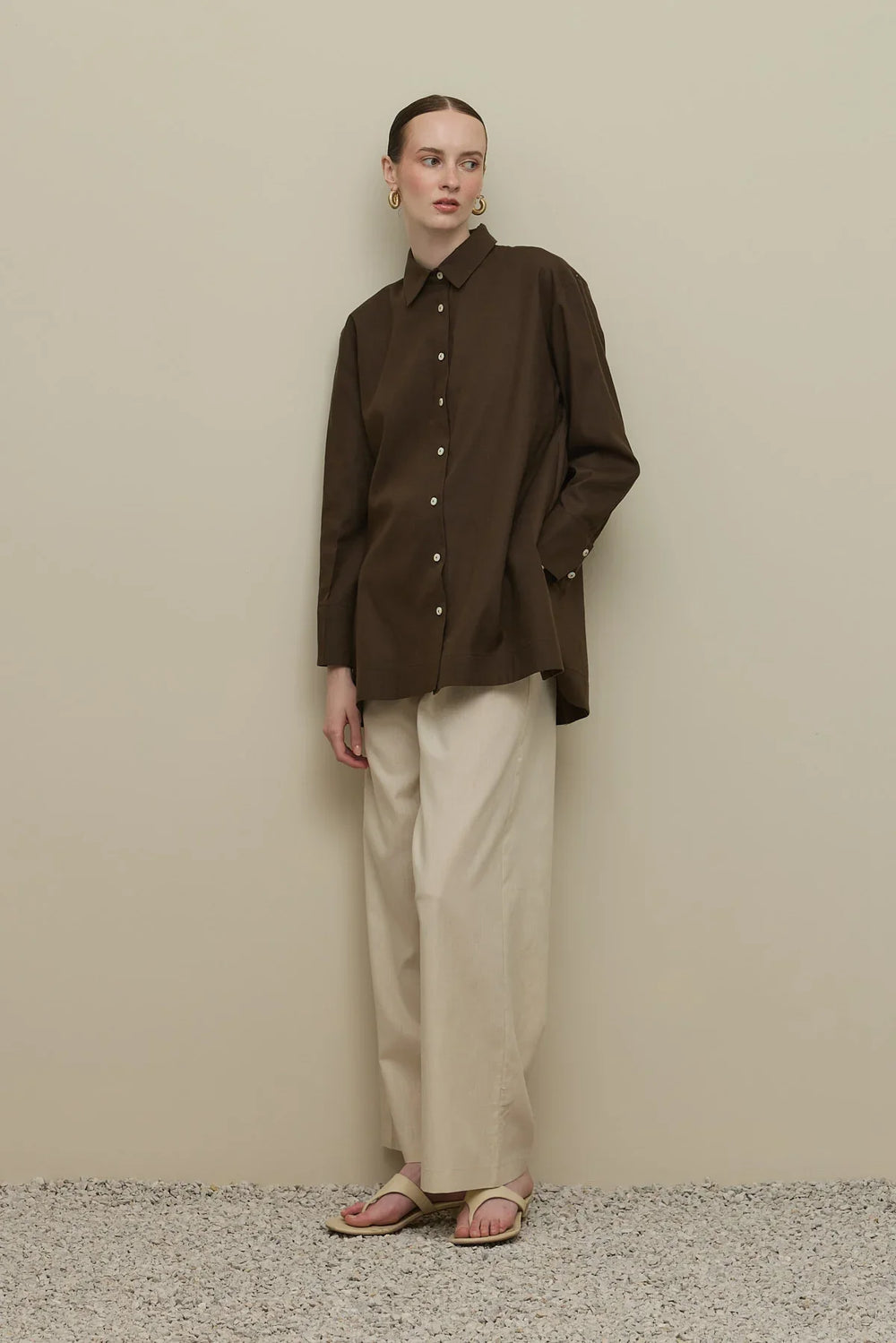 Lyocell Linen Thick Folded Shirt Brown