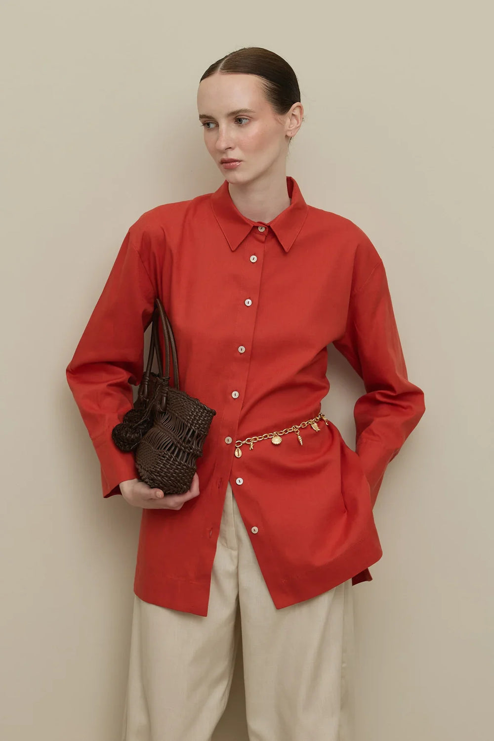 Lyocell Linen Thick Folded Shirt Red