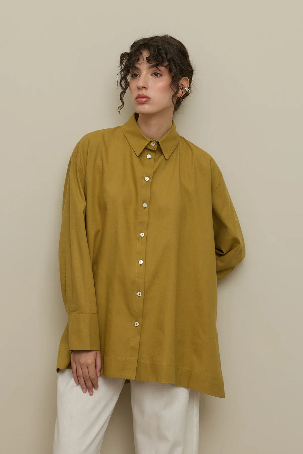 Lyocell Linen Thick Folded Shirt Oil Green
