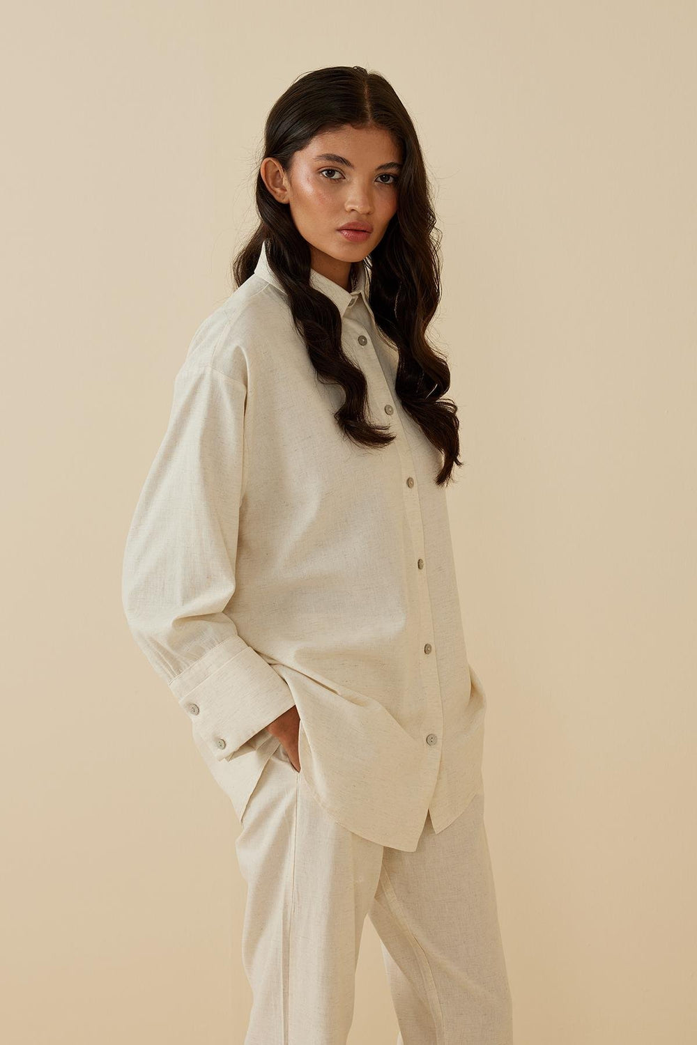 Cuff Detailed Linen Suit Beige