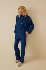 Manşet Detaylı Keten Takım Mavi
