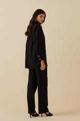 Manşet Detaylı Keten Takım Siyah