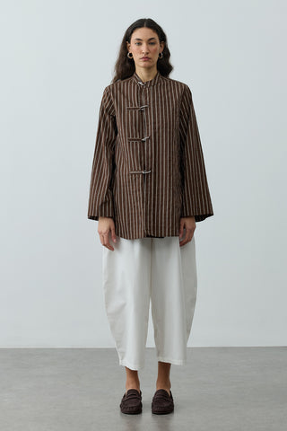 Metal Detaylı Çizgili Gömlek Kahverengi