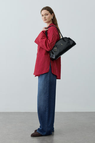 Metal Detaylı Çizgili Gömlek Kırmızı