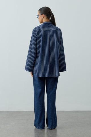Metal Detaylı Çizgili Gömlek Mavi