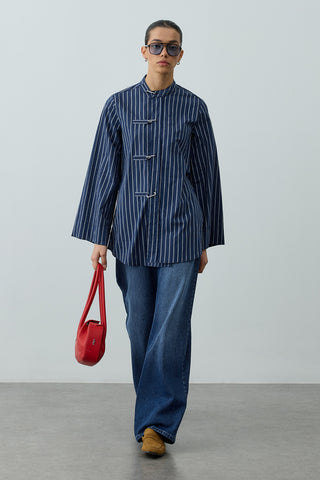 Metal Detaylı Çizgili Gömlek Mavi