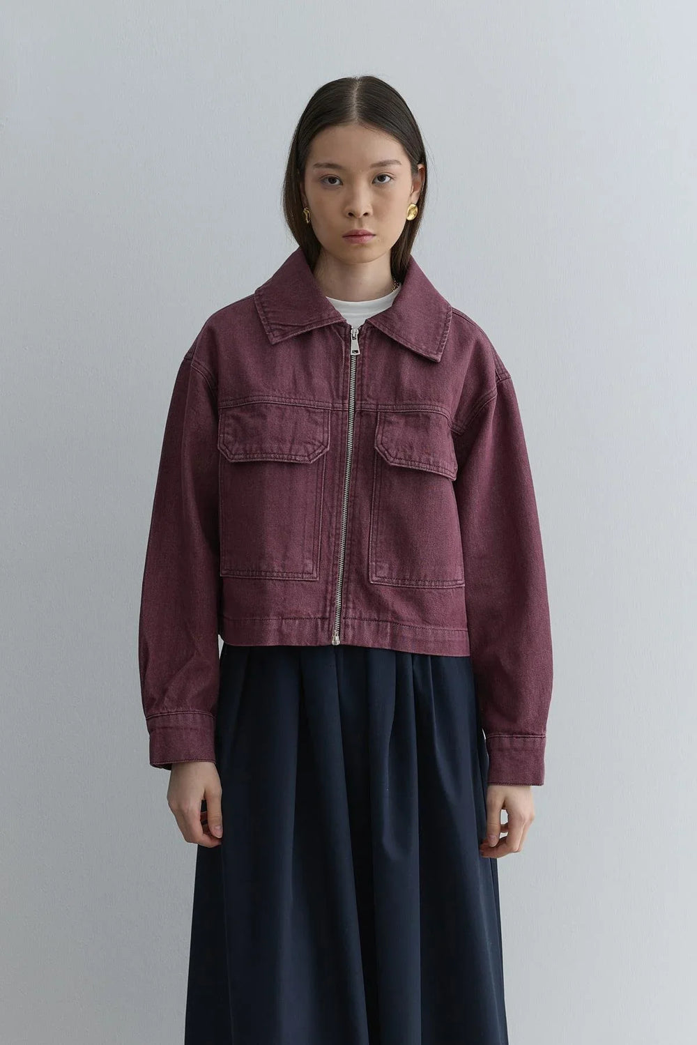 Metal Zippered Denim Jacket Burgundy